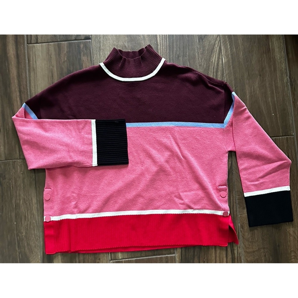 T by Talbots Colorblock Mock Neck Sweater Burgundy Pink Red Petite Large PL NEW